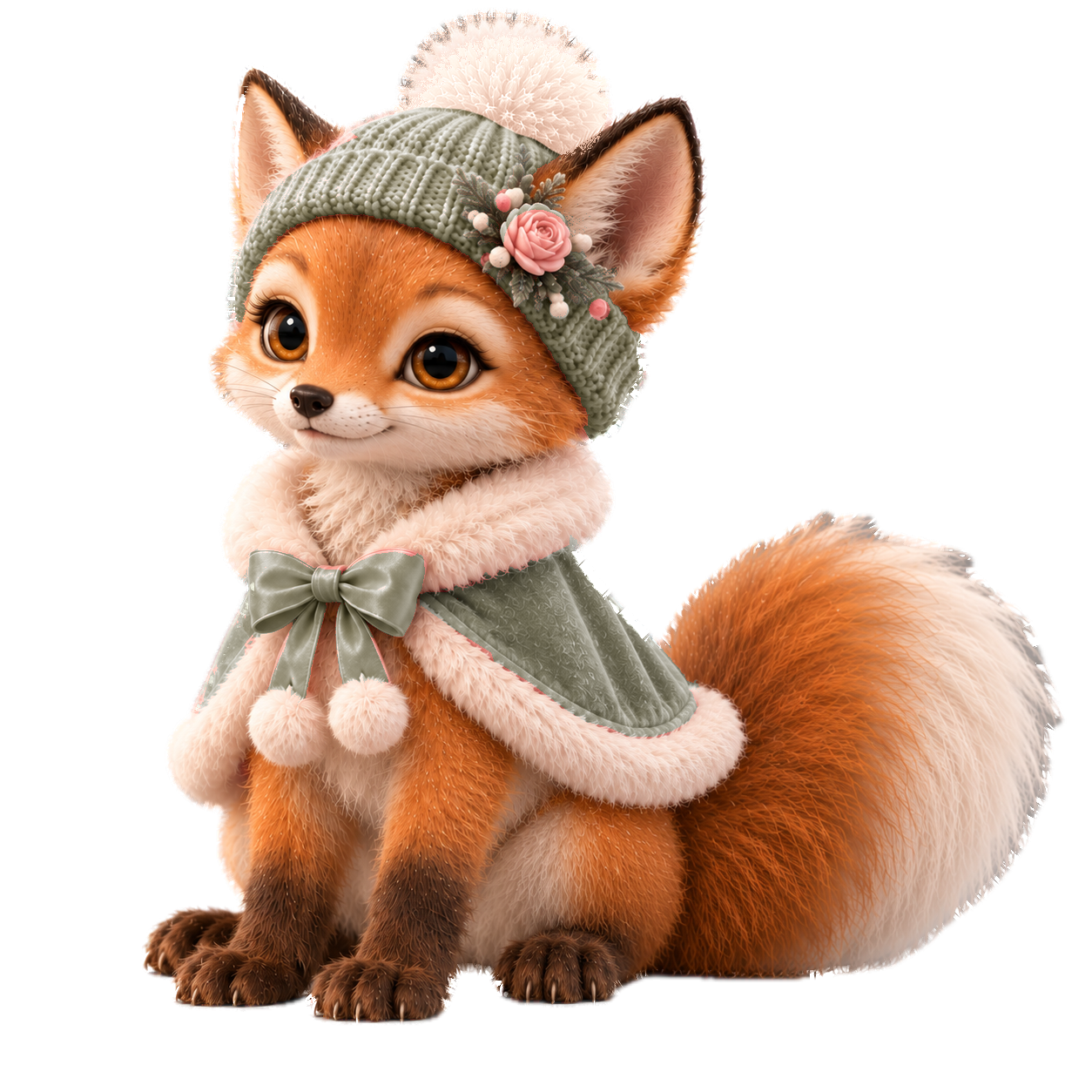 Jade sitting in her sage cape and beanie